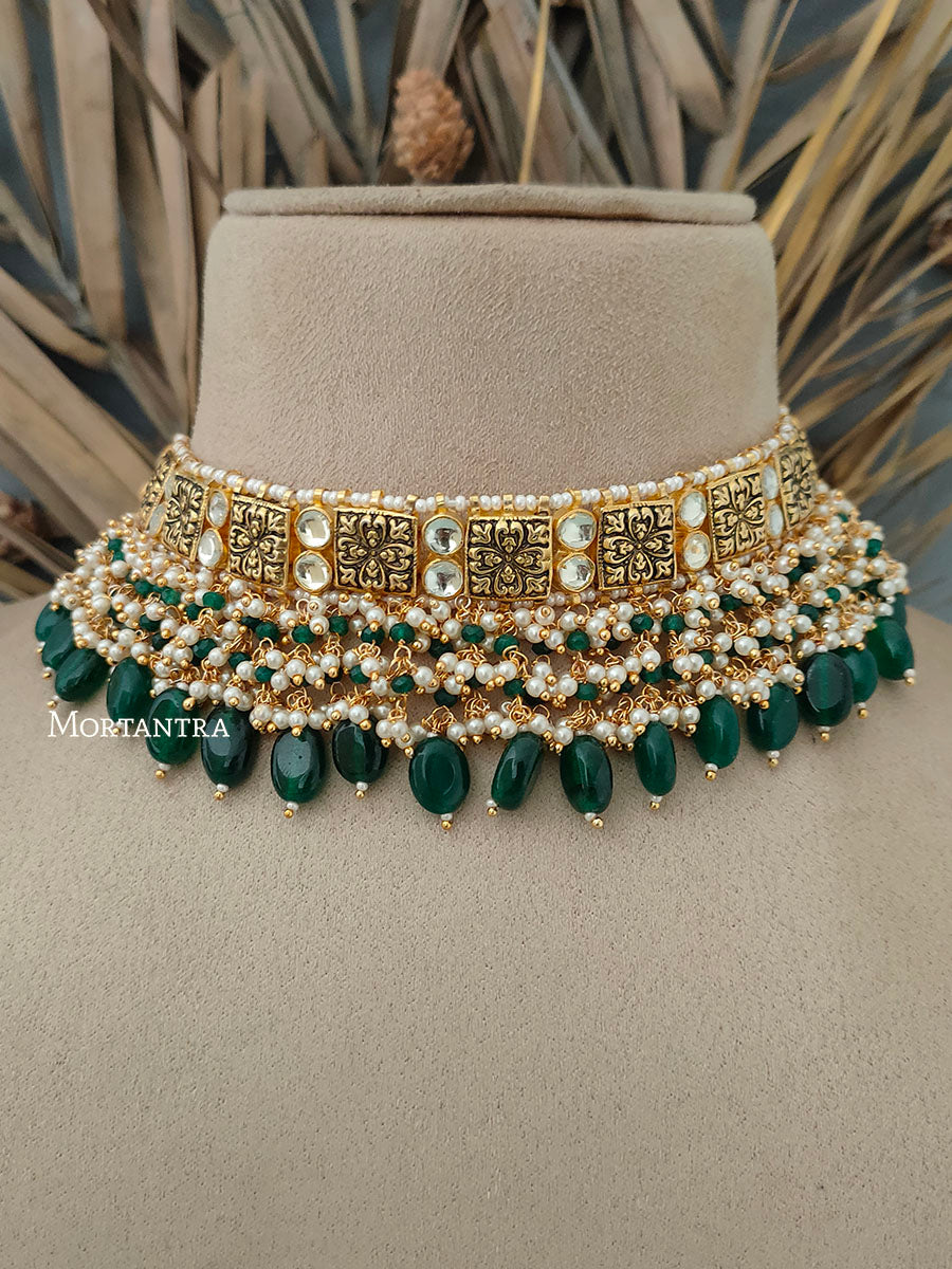 MS582 - Green Color Gold Plated Jadau Kundan Choker Necklace Set