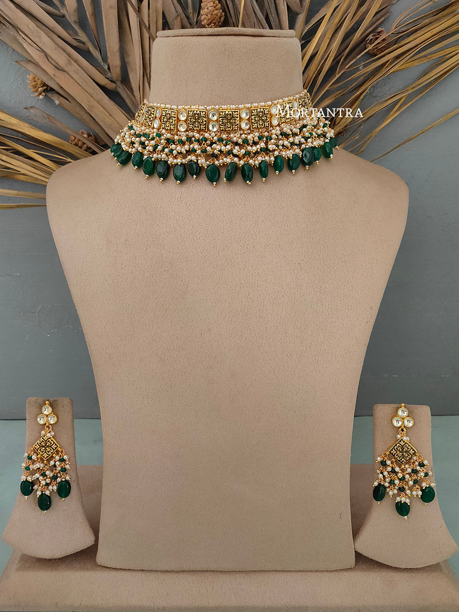 MS582 - Green Color Gold Plated Jadau Kundan Choker Necklace Set