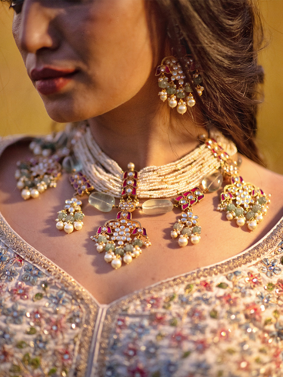 Pink Gold Plated Jadau Necklace Set With Muskmelon Beads Hanging