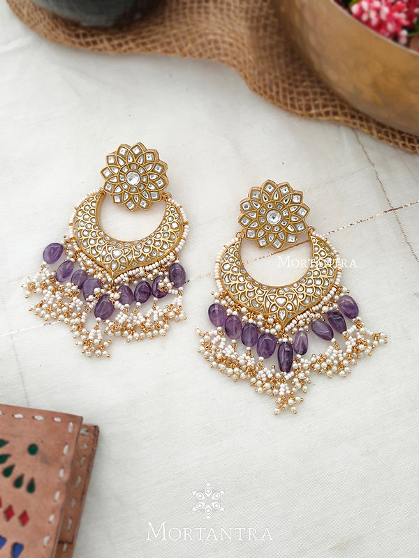 TJ-E7 - Purple Color Thappa Jadau Kundan Earrings