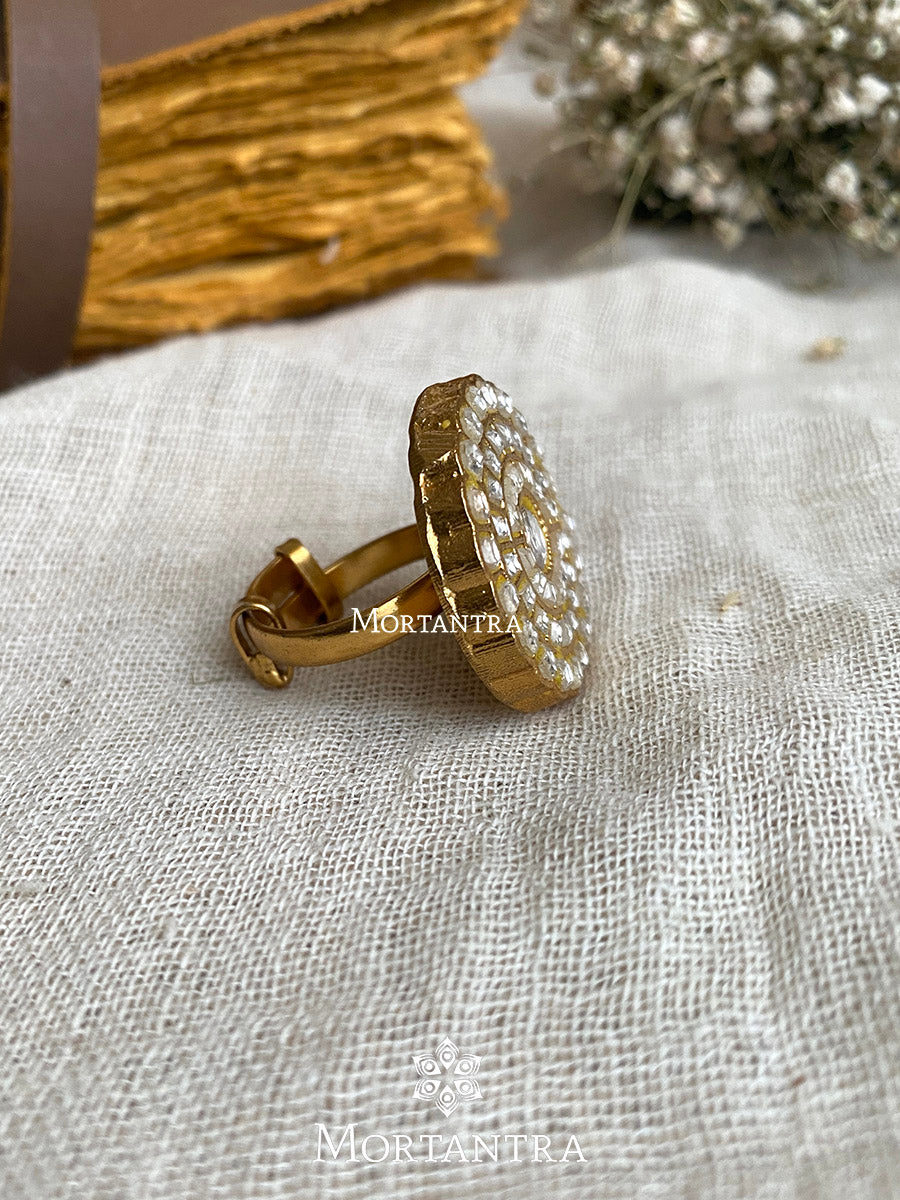 TJ-R48 - White Color Gold Plated Adjustable Thappa Jadau Kundan Ring