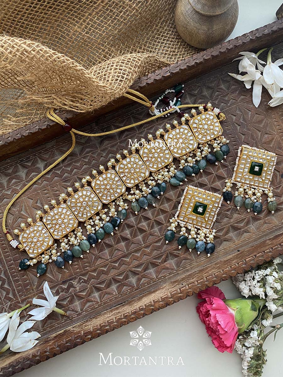 TJ-S10WGR - Thappa Jadau Kundan Necklace Set
