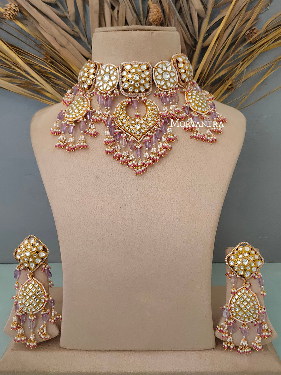 TJ-S15 - Multicolor Bridal Thappa Jadau Kundan Medium Necklace Set