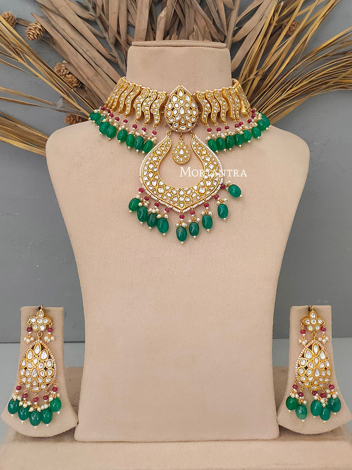 TJ-S19 - Multicolor Gold Plated Bridal Thappa Jadau Kundan Medium Necklace Set
