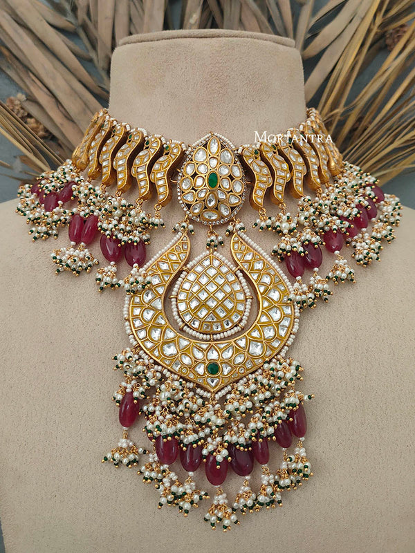 TJ-S31WGR - Multicolor Gold Plated Bridal Thappa Jadau Kundan Medium Necklace Set
