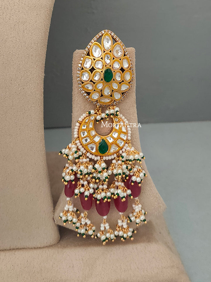 TJ-S31WGR - Multicolor Gold Plated Bridal Thappa Jadau Kundan Medium Necklace Set