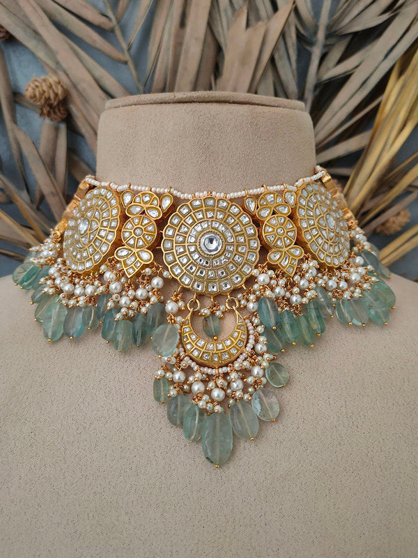 TJ-S33 - Pastel Color Gold Plated Bridal Jadau Kundan Medium Choker Necklace Set