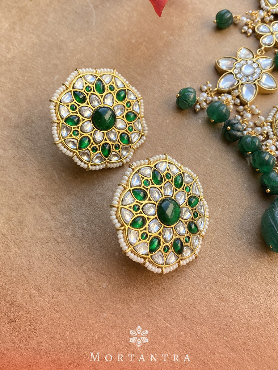 TJ-S5WGR - Green Color Bridal Thappa Jadau Kundan Medium Necklace Set