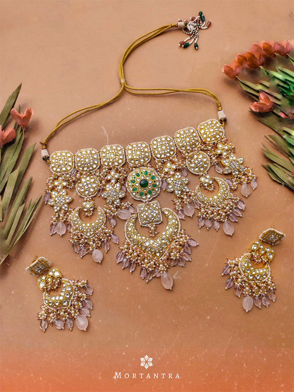 TJ-S5WGRA - Green Color Gold Plated Bridal Thappa Jadau Kundan Medium Necklace Set