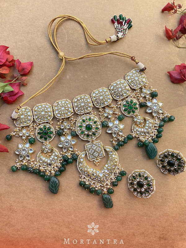 TJ-S5WGR - Green Color Bridal Thappa Jadau Kundan Medium Necklace Set