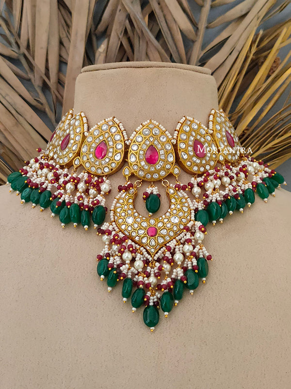 TJ-S62WP - Multicolor Bridal Thappa Jadau Kundan Medium Necklace Set