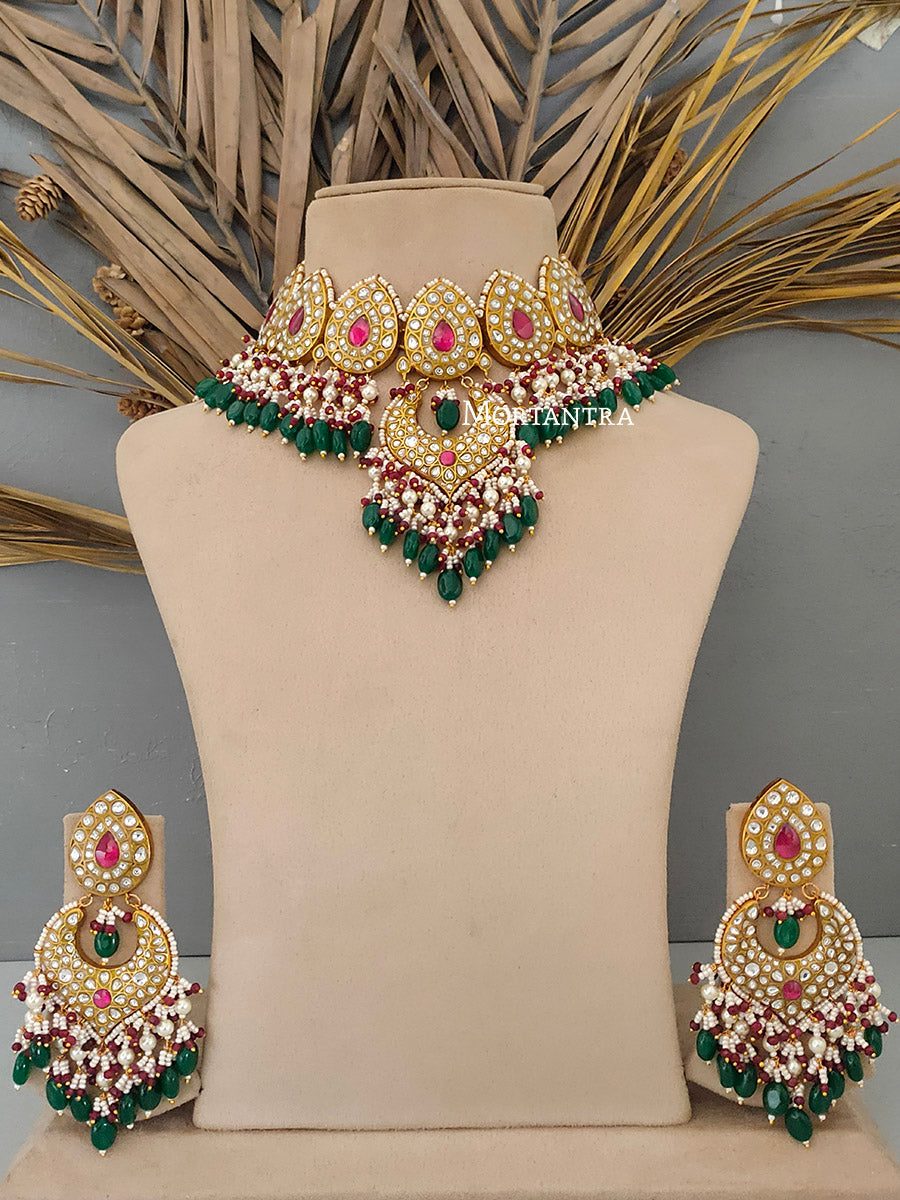 TJ-S62WP - Multicolor Bridal Thappa Jadau Kundan Medium Necklace Set