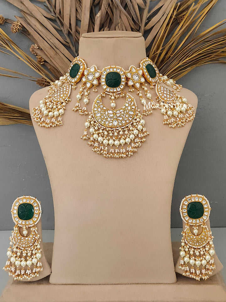 TJ-S65WGR - Green Color Bridal Thappa Jadau Kundan Necklace Set