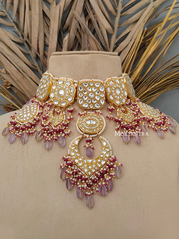 TJ-S68 - Multicolor Gold Plated Bridal Thappa Jadau Kundan Medium Choker Necklace Set