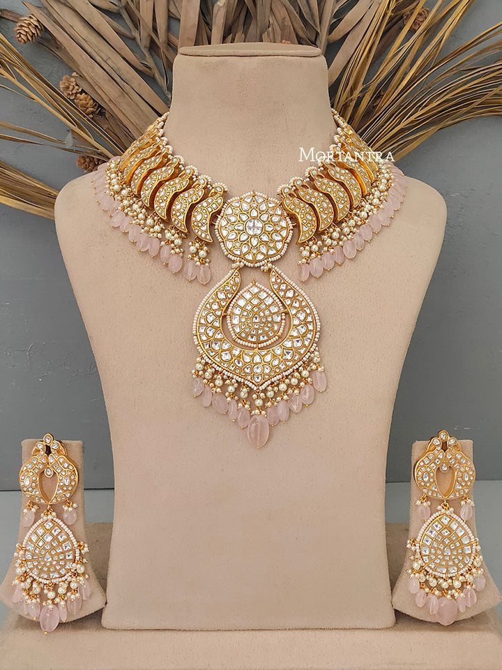 TJ-S69 - Pastel Color Gold Plated Bridal Thappa Jadau Kundan Medium Necklace Set