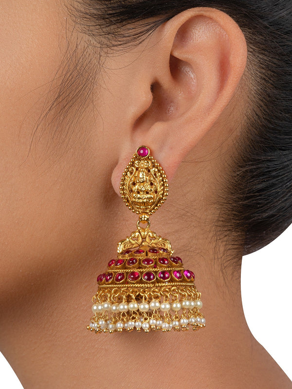 Laxmi Top Step Jhumki Pink Jadau Gold Plated Temple Earrings