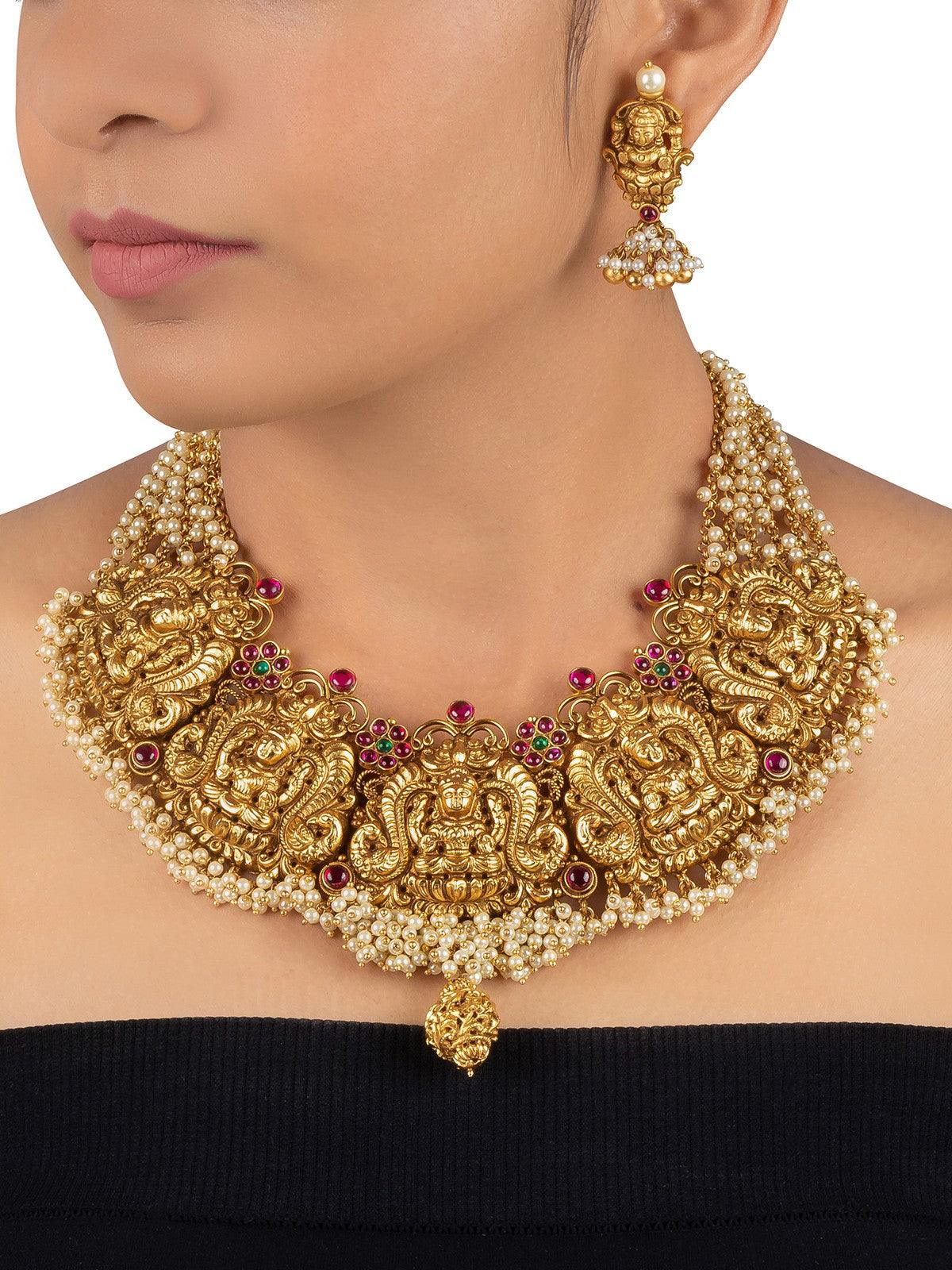 Carved Lakshmi Jadau Gold Plated Temple Necklace set with Jhumki earrings
