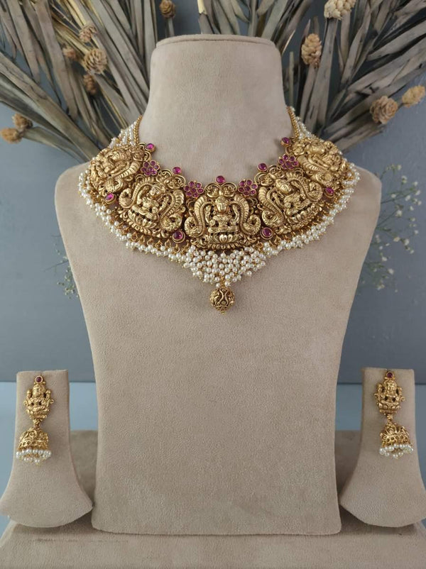 Carved Lakshmi Jadau Gold Plated Temple Necklace set with Jhumki earrings